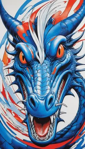 friendly smile funny front head blue and white  dragon, inside a circle glass, front view
GERALD SCARFE style


GERALD SCARFE style
GERALD SCARFE style,painted dragon,dragonheart,dragao,dragon,drache,