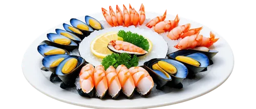 Fresh seafood, assorted platter, colorful arrangement, ice bed, lemon slices, parsley garnish, shrimp, crab claws, lobster tail, mussels, oysters, scallops, clams, fish fillet, salmon sashimi, sushi r