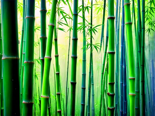 Bamboo forest, lush green bamboo stalks, gentle swaying motion, natural texture, warm sunlight filtering through leaves, soft focus, shallow depth of field, serene atmosphere, misty morning dew, 3/4 c