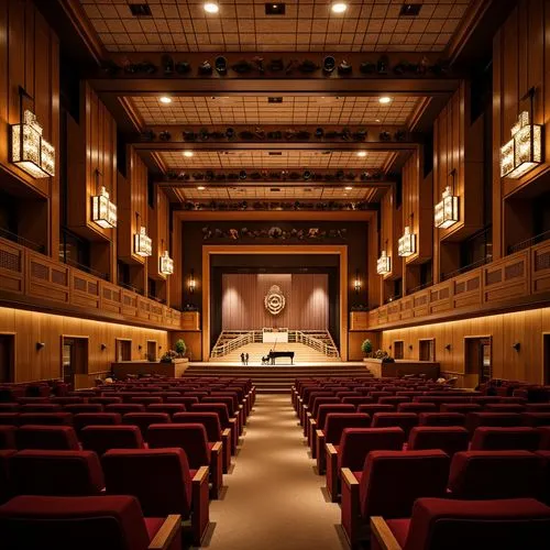 Sophisticated concert hall, luxurious velvet seats, polished wooden floors, sound-absorbing panels, acoustic ceiling treatments, precise speaker placements, state-of-the-art sound systems, elegant cha