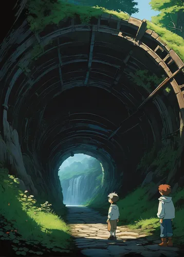 exploration,tunnel,studio ghibli,creek,hollow way,underground,underpass,tunnel of plants,wander,travelers,exploring,canal tunnel,road forgotten,wall tunnel,journey,the road,adventure game,cave,stroll,train tunnel,Illustration,Japanese style,Japanese Style 14