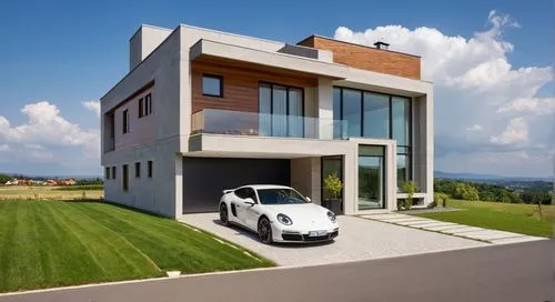 Create an image of a modern home with straight lines and neutral colors. The house is mostly made of concrete but has some details in wood and stone. In the garage, place a beautiful sports car. In th