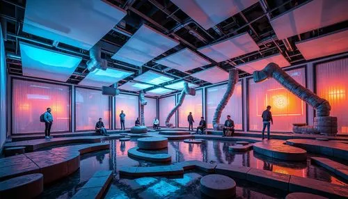 Deconstructed pavilion, fragmented forms, irregular shapes, transparent plastic walls, reflective surfaces, neon lights, futuristic ambiance, abstract structures, experimental architecture, bold color