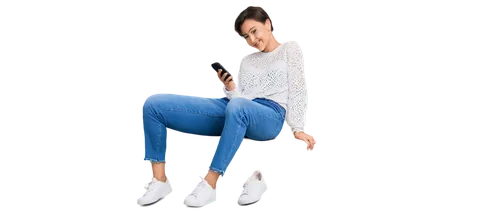 Young woman, holding smartphone, smiling, casual posture, short hair, minimal makeup, white blouse, ripped jeans, sneakers, leaning against wall, relaxed atmosphere, natural light, 3/4 composition, so