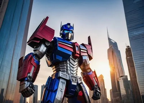 Optimus Prime, standing proudly, muscular male, strong facial features, blue eyes, iconic helmet, metallic body, red and blue armor, holding a giant sword, freedom flag waving in the wind, cityscape b