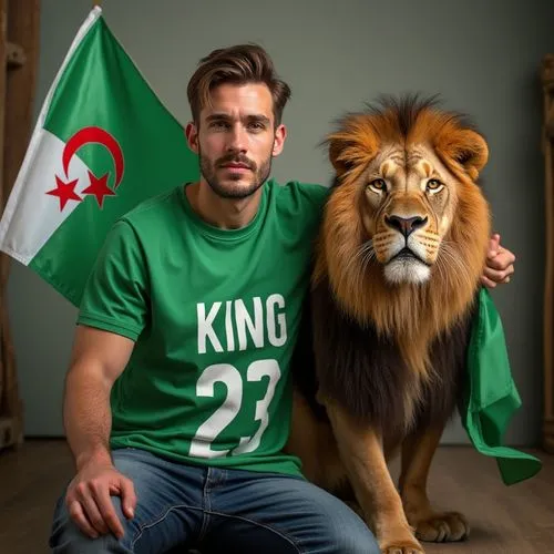 رجل وسيم يحمل علم الجزائر يرتدي قميص اخضر مكتوب عليه King 23 يجلس بجانب اسد,a man with a lion mask and flag,algeria,tunisian,algerians,kaneb,algerian,tunisie