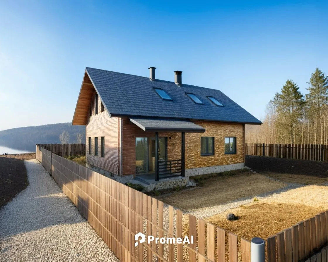 Small modern house surrounded by a forest. The walls are vertical slats. Black roof.,this small house has a large driveway and wooden fence,passivhaus,landhaus,danish house,dunes house,homebuilding,ti