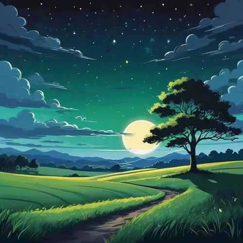 landscape background,cartoon video game background,moonlit night,night scene,moon and star background,nature background,dusk background,background vector,lunar landscape,moonrise,moonlit,nature landscape,green landscape,hanging moon,moonlighted,meadow landscape,fantasy landscape,moonscape,moonlight,nightscape,Illustration,Japanese style,Japanese Style 06