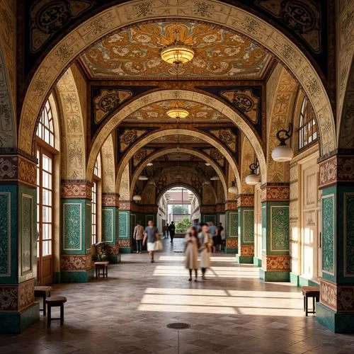 Intricate mosaics, golden tesserae, vibrant colors, ornate patterns, Byzantine-inspired architecture, university buildings, grand entrance halls, high ceilings, marble floors, ornate columns, arches, 