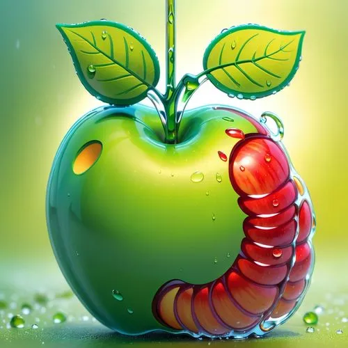 Close up of a red apple covered in large dewdrops, cute green work emerges from apple, Sunny day and foggy background, Pixar, Disney, concept art, 3d digital art, Maya 3D, ZBrush Central 3D shading, b