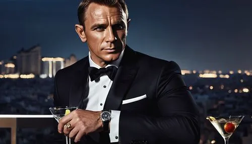 James Bond, mature gentleman, suit, black tie, white shirt, omega watch, Walther PPK, martini glass, cocktail party, luxurious background, cityscape, evening, sophisticated atmosphere, soft lighting, 