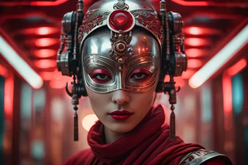 A females with small heads and faces, in the style of surreal cyberpunk iconography, orientalist imagery, stereoscopic photography, silver and crimson, translucent layers, masks and totems,cyborg,dart