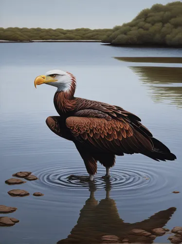 Create a painting depicting a Haliaeetus pelagicus hunting for fish in a tranquil coastal lagoon.,steller's sea eagle,african fishing eagle,sea eagle,african fish eagle,fish eagle,sea head eagle,bald 