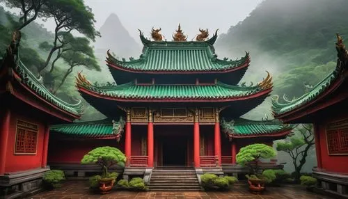 Ancient Asian temple, intricate carvings, upturned eaves, golden dragon ornaments, vibrant red walls, green glazed tiles, ornate wooden doors, lanterns hanging from ceiling, incense sticks, misty atmo