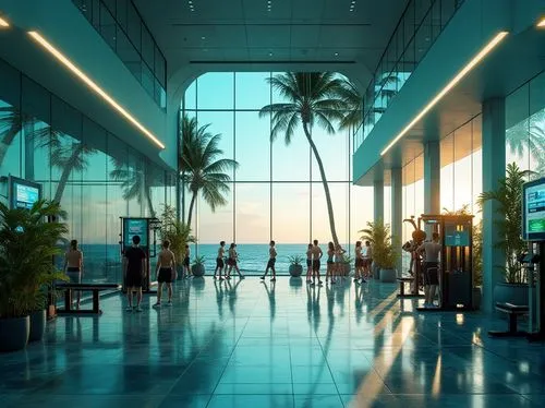 Futuristic island gymnasium, modern architecture, sleek lines, glass walls, steel beams, LED lighting, tropical plants, palm trees, ocean views, sunset atmosphere, 3/4 composition, dynamic angles, min