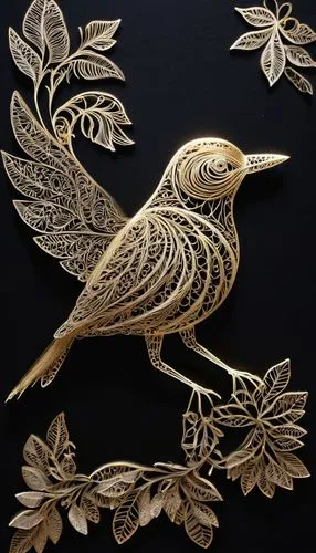 an ornamental bird,ornamental bird,decoration bird,starling,bird pattern,bird illustration,flower and bird illustration,magnolia warbler,birds gold,thrush,prince of wales feathers,paper art,beak feathers,bird painting,old world oriole,wren,raven sculpture,wood carving,song bird,feather jewelry,Illustration,Black and White,Black and White 11