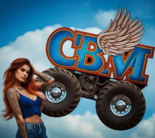 a logo with wings, on monster truck wheels. a beautiful tattooed woman. create a background in the image, a blue sky with few clouds. maintain the characteristics of the figures in the image,cbm,cfmi,