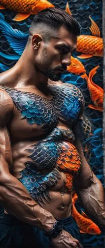 Muscular man, koi fish tattoo on chest, colorful scales, intricate design, bold black lines, vibrant orange and blue hues, rippling muscles, athletic build, sweaty skin, gym atmosphere, industrial bac