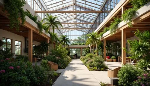 Vibrant greenhouse interior, lush greenery, abundant natural light, solar panels, clerestory windows, skylights, transparent roofing, diffused glass, optimized shading systems, automated vent openers,