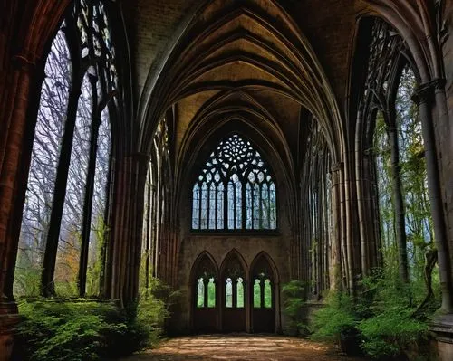 Gothic cathedral, intricate stone carvings, stained glass windows, pointed arches, ribbed vaults, flying buttresses, grandiose entrance, ornate doors, heavy iron hinges, mysterious atmosphere, misty m