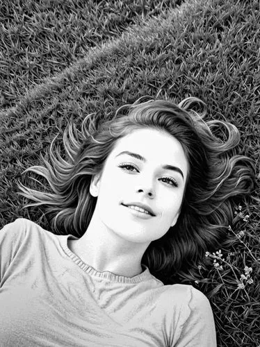 a woman lying down with her hair in the wind,girl lying on the grass,photo shoot with edit,on the grass,black and white photo,colorless,photo effect,Design Sketch,Design Sketch,Rough Outline