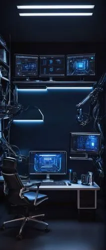 AI computer, futuristic laboratory, sleek metal desk, multiple screens, wires tangled behind, robot arm, CPU towers, neon lights, dark blue ambient glow, low-key background, high-tech atmosphere, mini