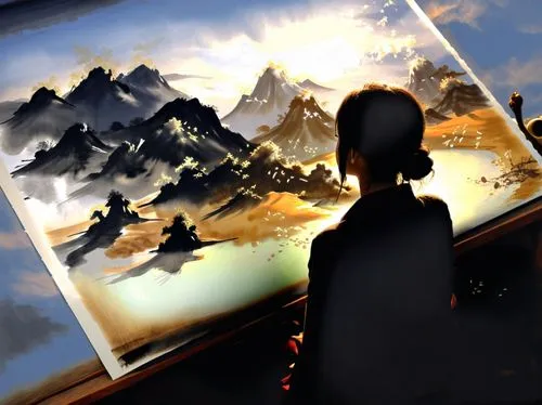 a painting showing mountains and a girl sitting in front of it,xenogears,asheron,virtual landscape,skyboxes,map silhouette,mountain world,Illustration,Paper based,Paper Based 30