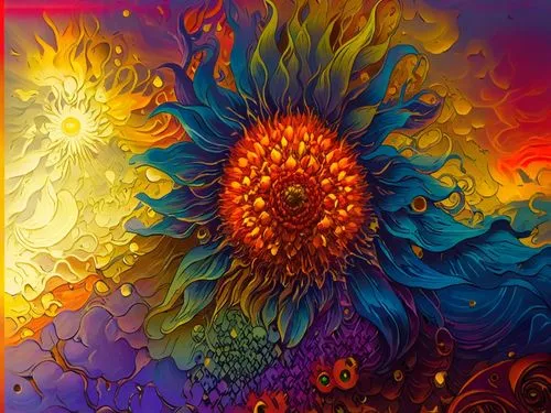 cosmic flower,sunflowers in vase,solar eruption,kaleidoscope art,sun flower,sun,Illustration,Realistic Fantasy,Realistic Fantasy 25