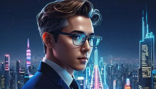 Modern philosopher, bespectacled, short hair, formal wear, standing in front of a futuristic skyscraper, cityscape, night scene, neon lights, foggy atmosphere, deep blue tone, shallow depth of field, 