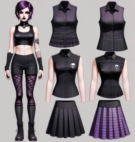 Paper doll 2d cartoon goth purple haired girl in black sleeveless shirt , black spandex shorts, complete full length fishnet and black goth knee Boots, standing surrounded by with a set of goth fashio