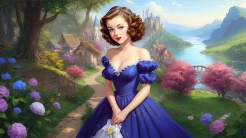 belle,margaery,fairy tale character,fantasy picture,noblewoman,bluestocking,cinderella,princess anna,cendrillon,duchesse,dorthy,aerith,landscape background,victorian lady,flower background,princess sofia,portrait background,margairaz,cartoon video game background,hydrangea background