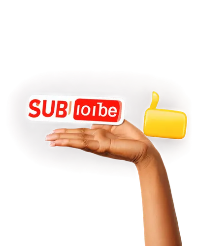 YouTube subscribe button, free, golden yellow, rounded rectangle shape, white subscribe text, glossy effect, slight shadow, 3D appearance, hovering hand, finger about to click, bright lighting, soft f