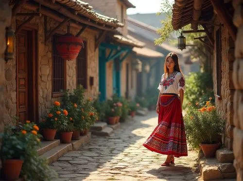 Regionalism style, folk art, vibrant colors, intricate patterns, traditional clothing, embroidered blouses, colorful skirts, rustic wooden architecture, tile roofs, stone walls, local flowers, potted 