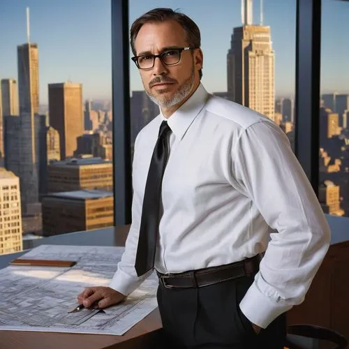 Middle-aged male architect, standing, confident pose, black-framed glasses, short brown hair, trimmed beard, white dress shirt, black tie, black trousers, leather belt, shiny black shoes, holding blue