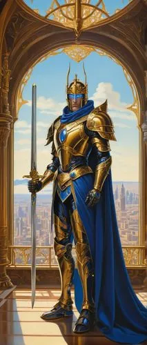 Robot Prince, royal attire, golden armor, blue cape, crown on head, shiny metallic body, intricate circuitry details, handsome face, bright blue eyes, elegant fingers, holding a sword, standing in a g