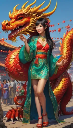    photorealistic  of Spring Festival, Dragon New Year, Cute Girl Partying,chinese dragon,dragon li,china cny,oriental princess,chinese horoscope,chinese art,mulan,golden dragon,happy chinese new year