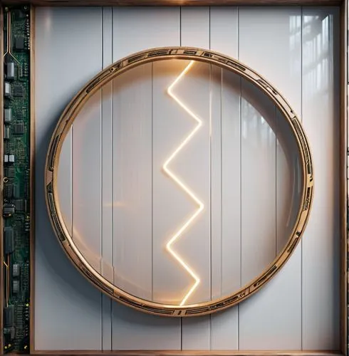 A mirror frame made of wood against a white background ,an illuminated circular mirror mounted to the wall,electric arc,semi circle arch,light waveguide,fibonacci spiral,wall lamp,kinetic art,Photogra