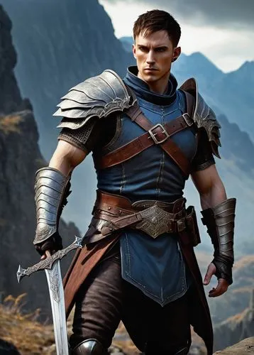 Dragon Age Rhys, male, muscular, heroic pose, determined facial expression, short brown hair, piercing blue eyes, scar above left eyebrow, leather armor, silver sword at side, ornate belt buckle, stan