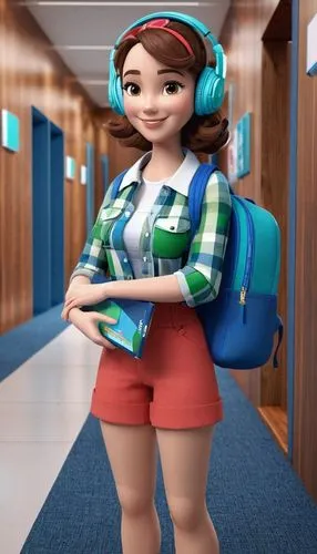 The image shows a young woman standing in a hallway with wooden walls on either side. She is wearing a green plaid shirt and a blue backpack with white polka dots. She has a pair of white headphones o