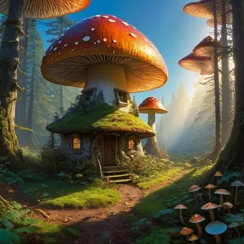 mushroom landscape,mushroom island,forest mushroom,fairy village,mushrooms,toadstools