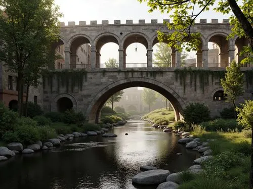 Rustic stone bridges, semi-circular arches, robust piers, ornate carvings, medieval-inspired architecture, weathered stonework, moss-covered walls, tranquil river scenery, lush green vegetation, misty