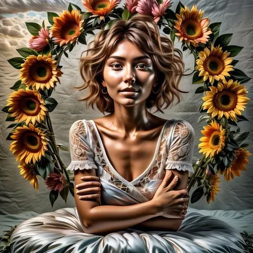 girl in flowers,girl in a wreath,colorizing,photo painting,digital painting,bohemian art,sun flower,bodypainting,flower girl,sunflower,flower stand,vanwyngarden,flower art,boho art,boho art style,colorization,sun flowers,fleur,fantasy portrait,beautiful girl with flowers