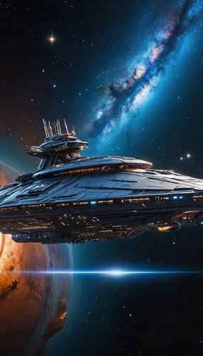 many stars, high-tech interstellar multi-level warship, glowing blue light, super-developed by a powerful unknown race, Andromeda Nebula,,a star trek ship in a space station near the earth,enterprise,