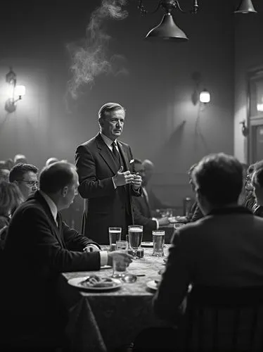 Realistic black and white photo: In a southern German restaurant hall, a conservative politician in a suit and tie, standing and not smoking, speaks to his listeners, who are gathered around several t