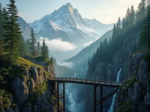 scenic bridge,hanging bridge,suspension bridge,mountain landscape,gondolin,cascade mountains,fantasy landscape,hangman's bridge,skybridge,mountainous landscape,beautiful landscape,landscape background,adventure bridge,mountain scene,rainbow bridge,wooden bridge,mountainside,world digital painting,cliffside,nature landscape,Photography,General,Realistic