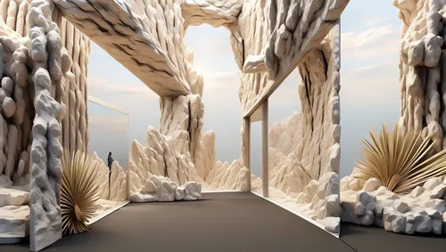 ice hotel,virtual landscape,ice castle,glacier cave,3d rendering,karst landscape,sky space concept,stalactite,limestone cliff,mandelbulb,stone desert,ice landscape,mountainous landforms,fractal environment,natural monument,3d fantasy,stalagmite,render,ice cave,mushroom landscape