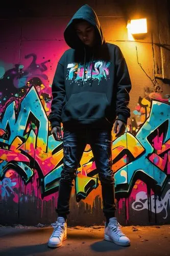 Wildstyle graffiti generator, urban atmosphere, city wall, night scene, street lamp casting sharp shadows, bold colorful letters, 3D effects, metallic paint, drips, splatters, abstract shapes, vibrant