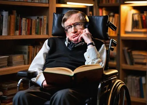 Professor Stephen Hawking, midget, wheelchair, intellectual face, glasses, messy brown hair, white shirt, black trousers, leather gloves, holding a book, thinking deeply, sitting in a spacious office,