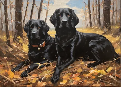 Original Oil on Canvas Hunting Dog Series. signed,,hunting dogs,field spaniel,boykin spaniel,black and tan,flat-coated retriever,gordon setter,labrador retriever,hunting dog,two dogs,piasecki hup retr