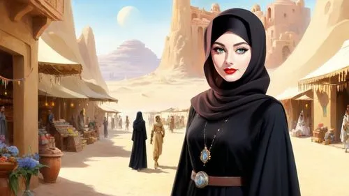 Romantic masterpiece oil painting, beautiful girl portrait, abaya dress, nostalgic 1950's style kitsch, breathtaking beautiful epic vast landscape, Star Wars Tatooine, Mos Eisley Spaceport, majestic s